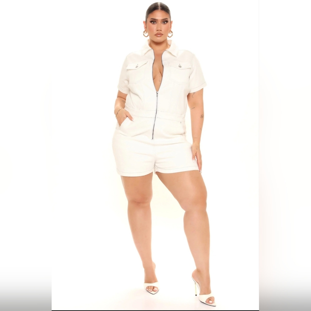 NWT Fashion Nova Natalia Denim Romper - White Size 2X
